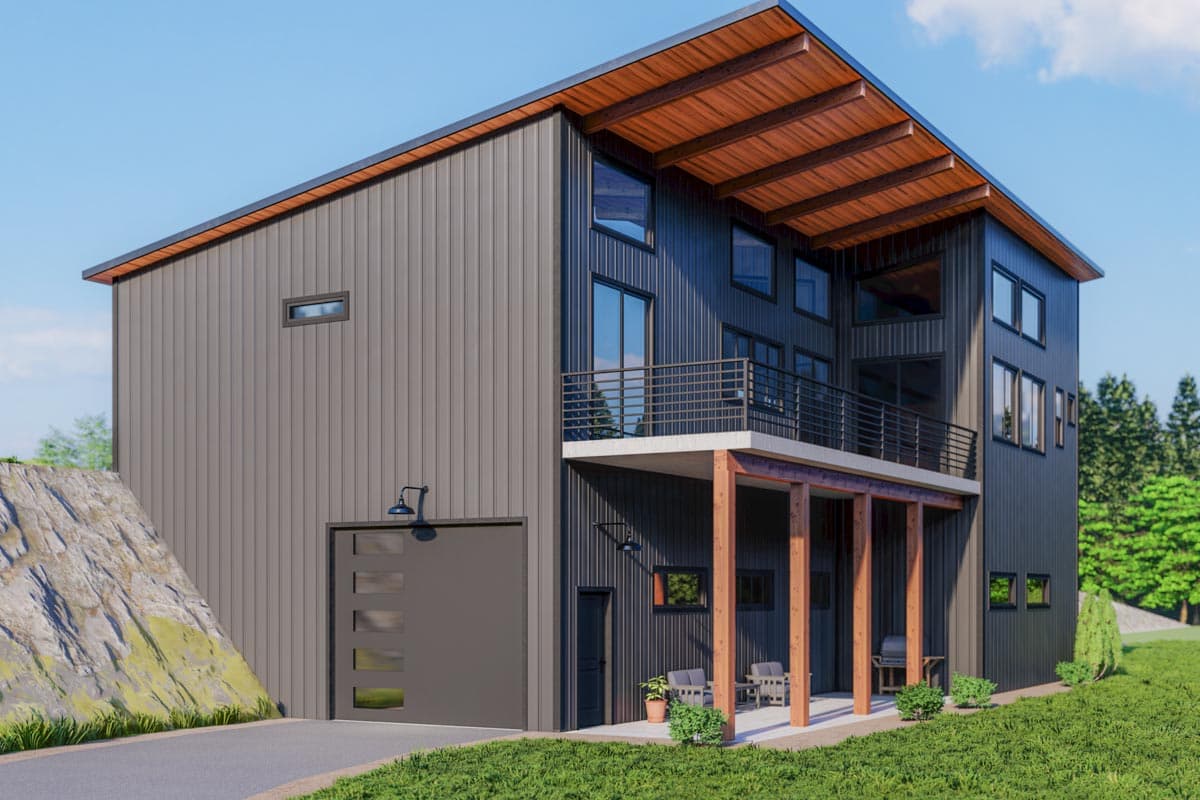 Modern two-story house plan exterior with metal siding, large windows, second-story balcony, and covered ground-level patio.