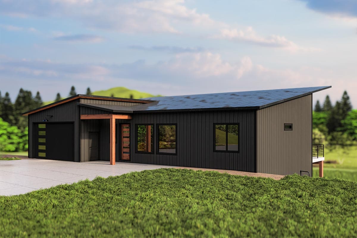 Modern house plan exterior with a single-story design, metal siding, asymmetrical roof, and attached garage.