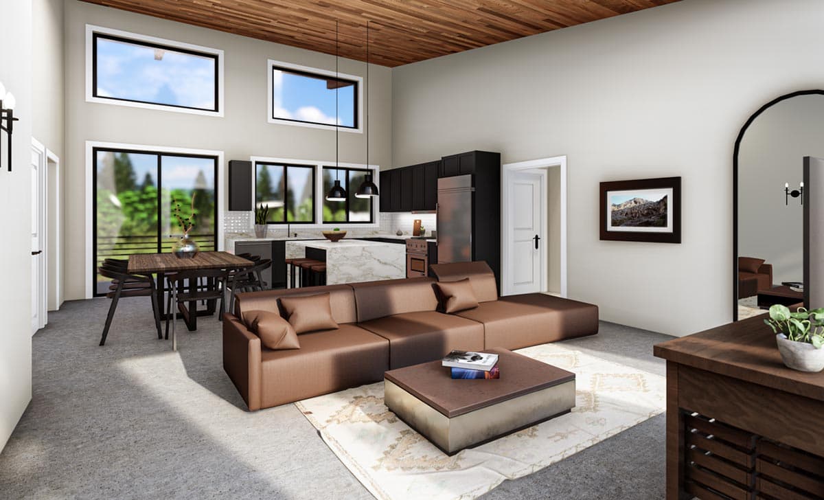 Plan 400020FTY: 1685 Sq Ft Mid-Century Modern House Plan with Lower Level Drive-Through Workshop - Image #8 - Contemporary, Craftsman, Mountain, Northwest, Vacation