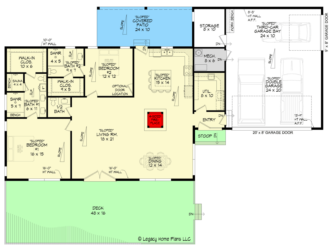 Plan 680192VR: Contemporary Lakehouse Plan with 16-Foot Sloped Ceiling and 4-Sided Fireplace - Floor Plan - Main Level - Contemporary, Mid Century Modern, Modern, Mountain, Northwest