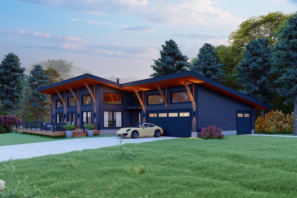 House plan exterior. Modern style, two-story home with exposed wood structural supports and a shed roof. Includes a deck and attached garage.