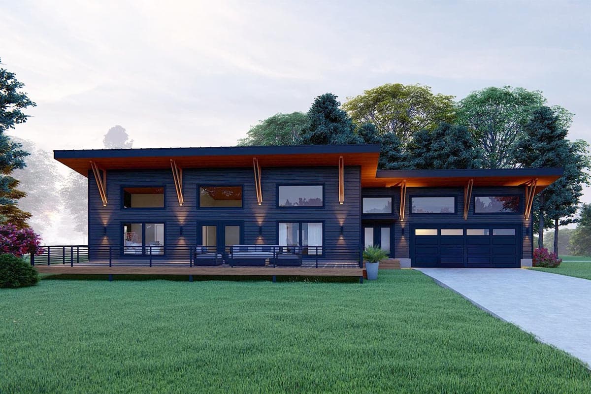 Modern house plan exterior with a dark facade, cantilevered roof, wide windows, wrap-around deck, and attached two-car garage.