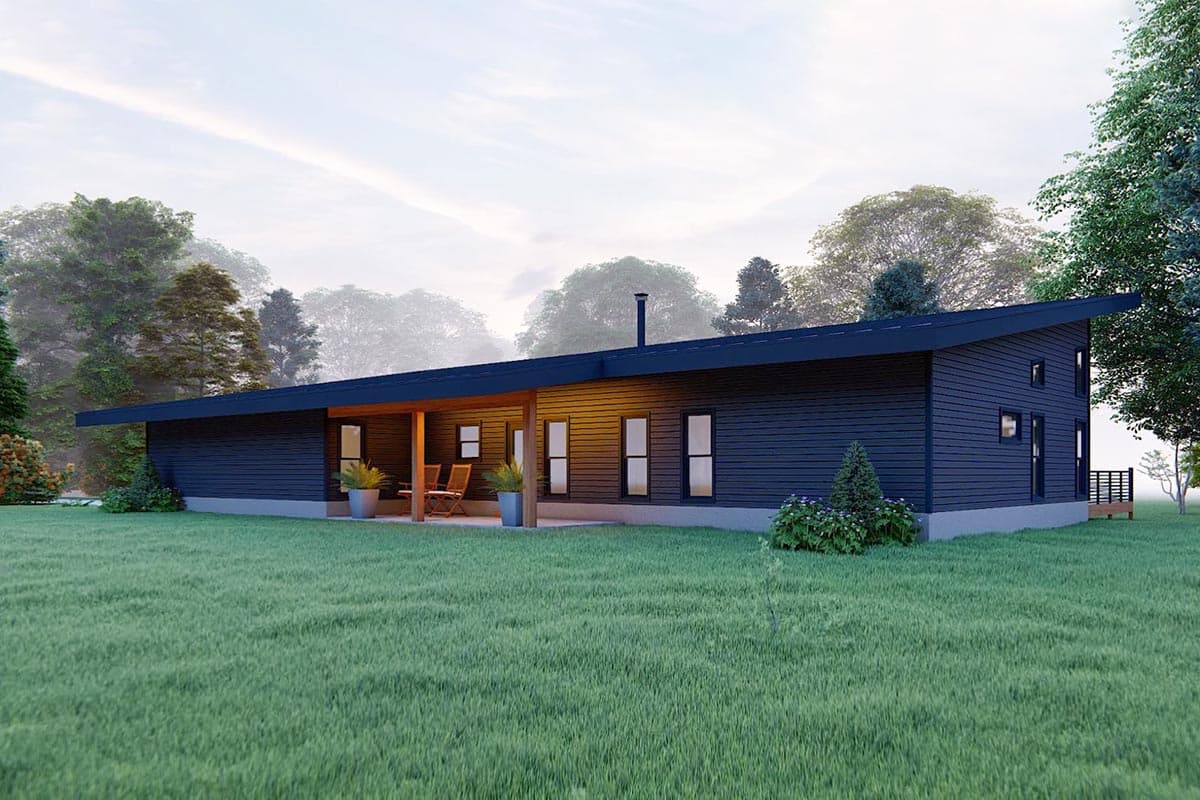 Modern house plan exterior with a single story, asymmetric roofline, covered porch, and horizontal siding.