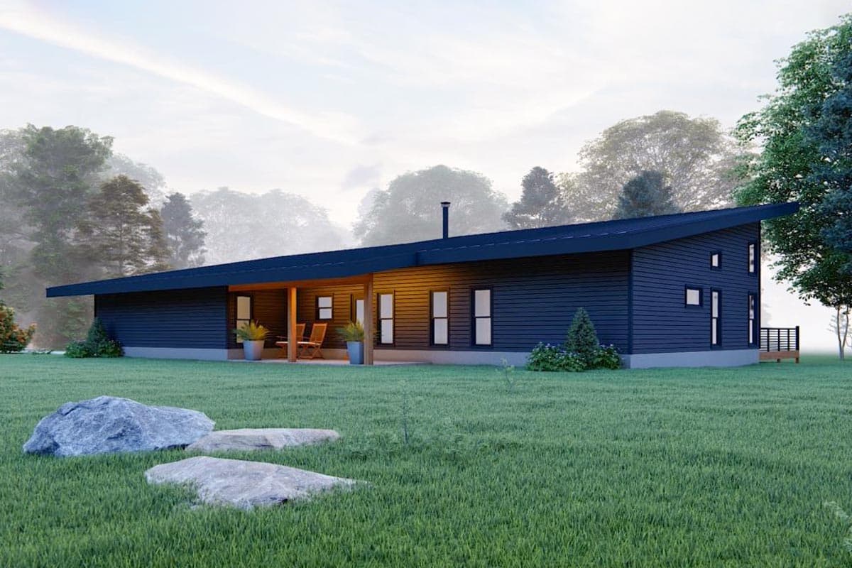 Plan 680192VR: Contemporary Lakehouse Plan with 16-Foot Sloped Ceiling and 4-Sided Fireplace - Image #4 - Contemporary, Mid Century Modern, Modern, Mountain, Northwest