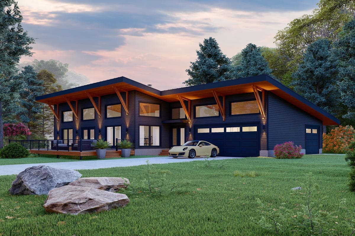 Plan 680192VR: Contemporary Lakehouse Plan with 16-Foot Sloped Ceiling and 4-Sided Fireplace - Image #5 - Contemporary, Mid Century Modern, Modern, Mountain, Northwest
