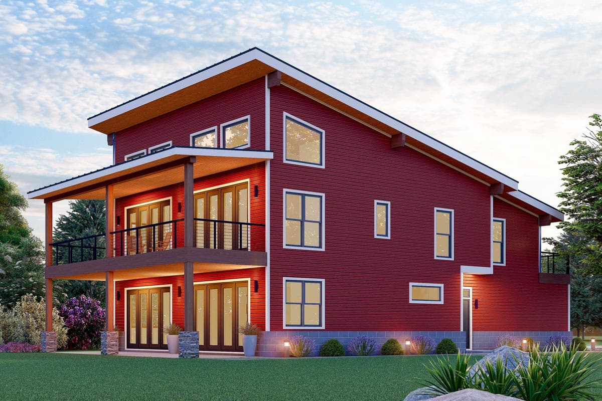 House plan exterior. Two-story, Modern style home with a balcony, shed roof, and large windows. Includes exterior lighting and exposed wood beams.