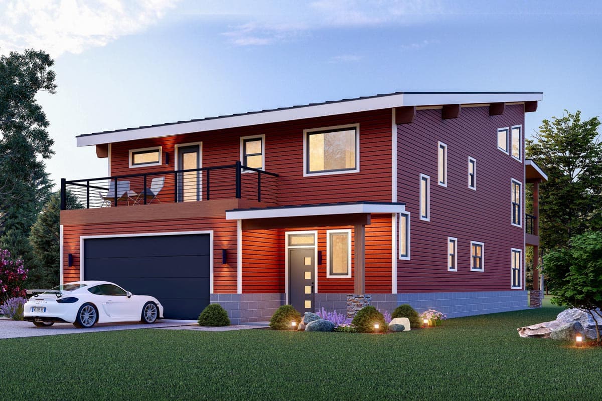 Modern house plan exterior with dark red siding, a two-car garage, second-story balcony, and a flat roof.