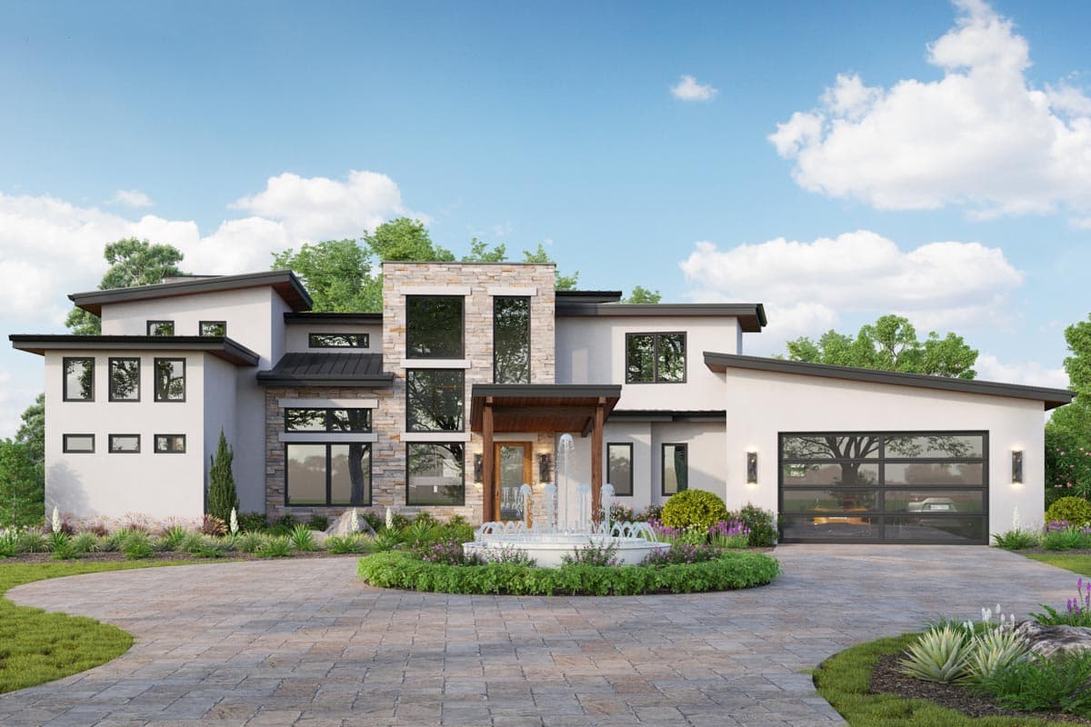 House plan exterior with modern design. Two-story structure featuring a flat roof, stone accents, and an attached garage with glass door.