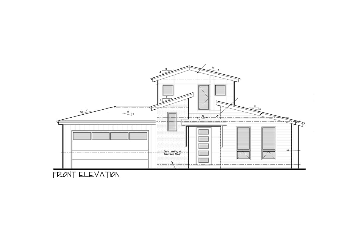 Front elevation drawing of a two-story house plan with a pitched roof, attached garage, and modern entryway.