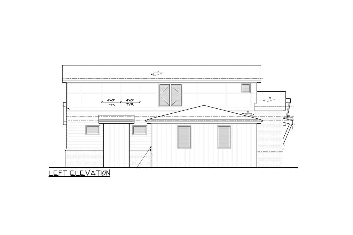 Left elevation drawing of a two-story house plan featuring a brick base, lap siding, and multiple windows.