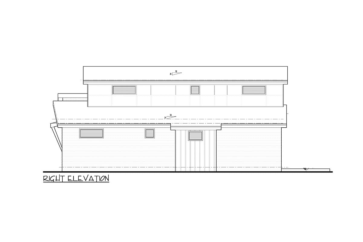 Floor plan drawing, right elevation view of a two-story house with multiple windows and a gabled roofline.