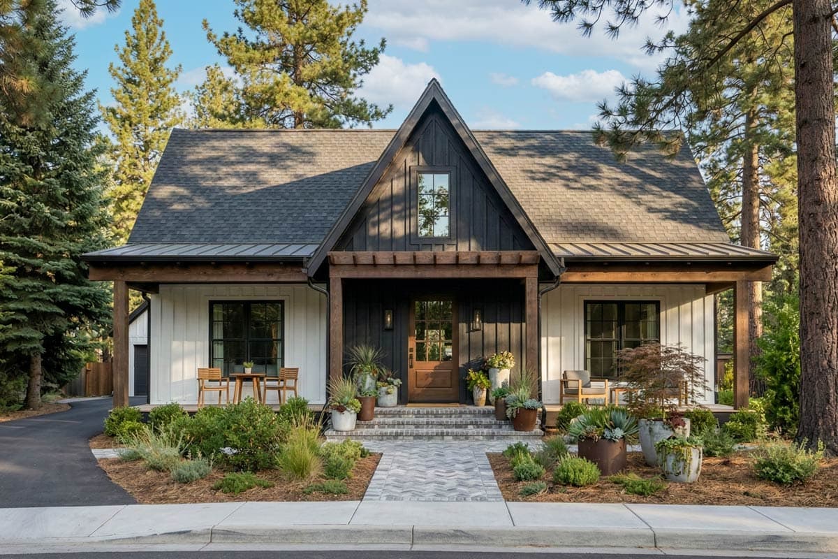 House plan exterior of a two-story Modern Farmhouse with a covered front porch, gables, and board-and-batten siding.