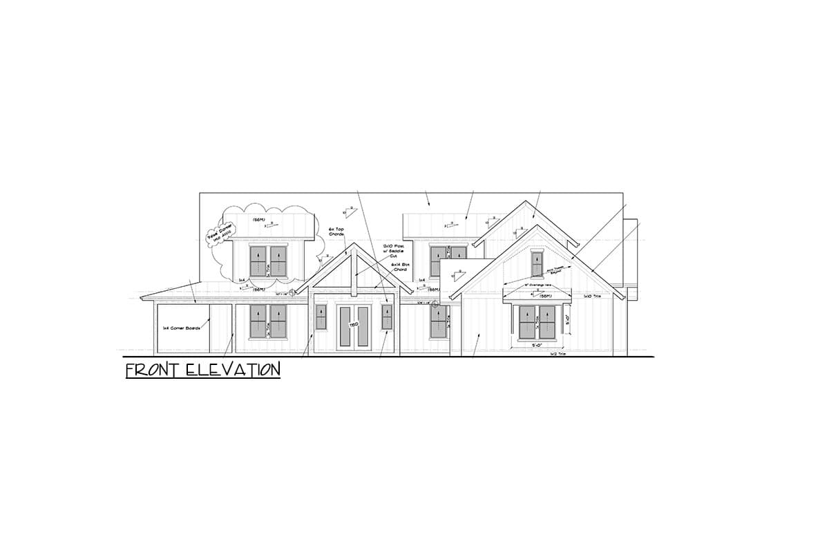 Front elevation house plan drawing showing multiple gables, a covered entry with double doors, and various windows.