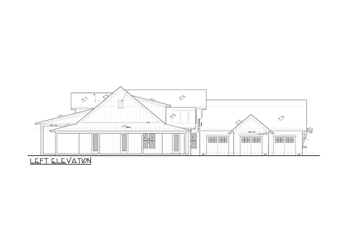 Left elevation house plan with a covered porch, gabled dormer, and a three-car garage.