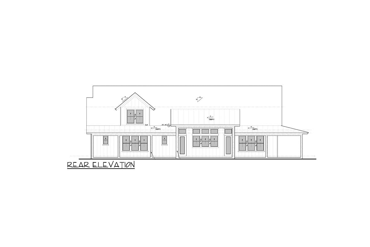 Rear elevation drawing of a house plan with a gabled dormer, multiple windows, and a covered porch.