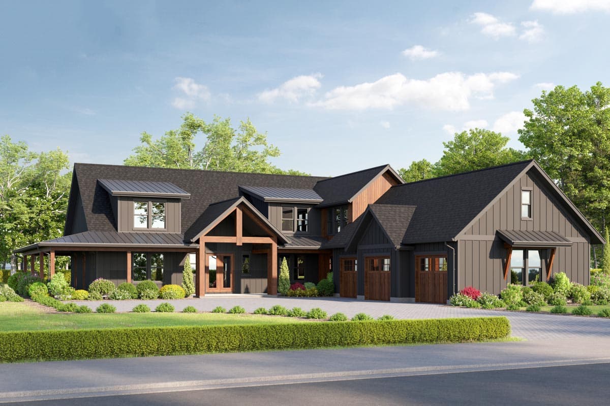 House plan exterior. Modern Farmhouse style with two stories, gabled rooflines, covered porch, and attached garage. Exterior features wood accents.