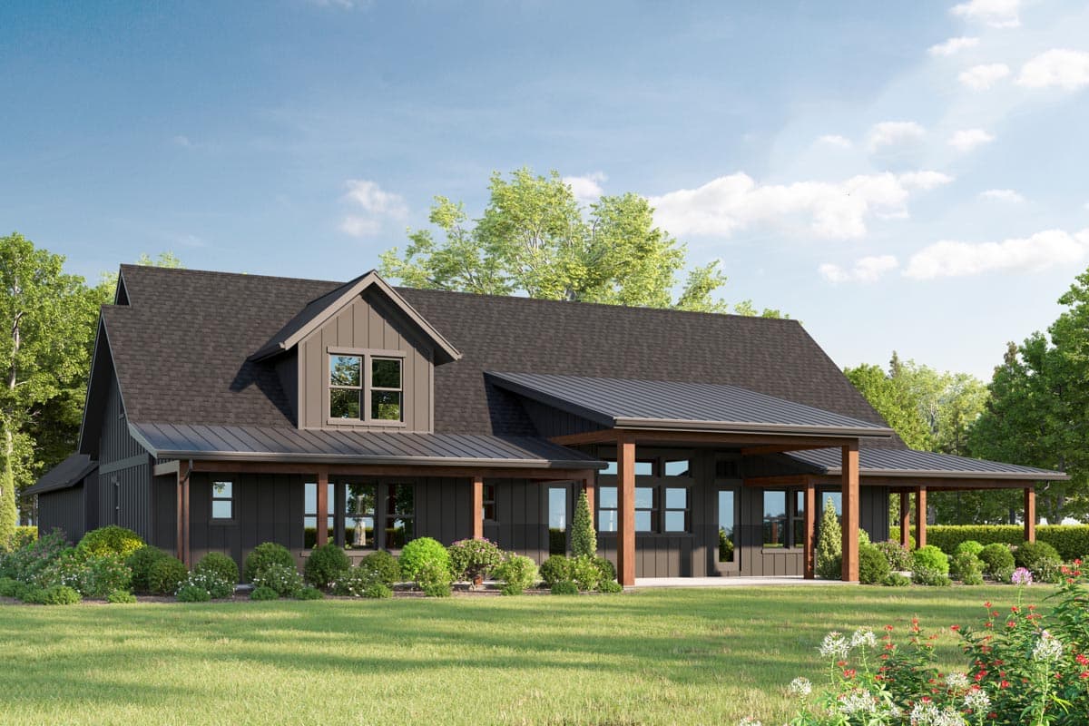 Modern Farmhouse house plan exterior with board and batten siding, a dormer, and a wide covered porch with wooden supports.