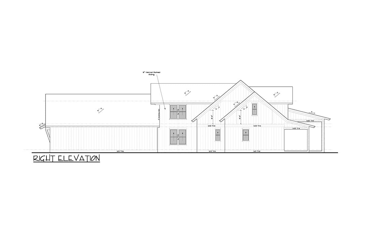 Right elevation floor plan drawing shows a two-story house with vertical siding, gables, dormers, and a side-entry garage.