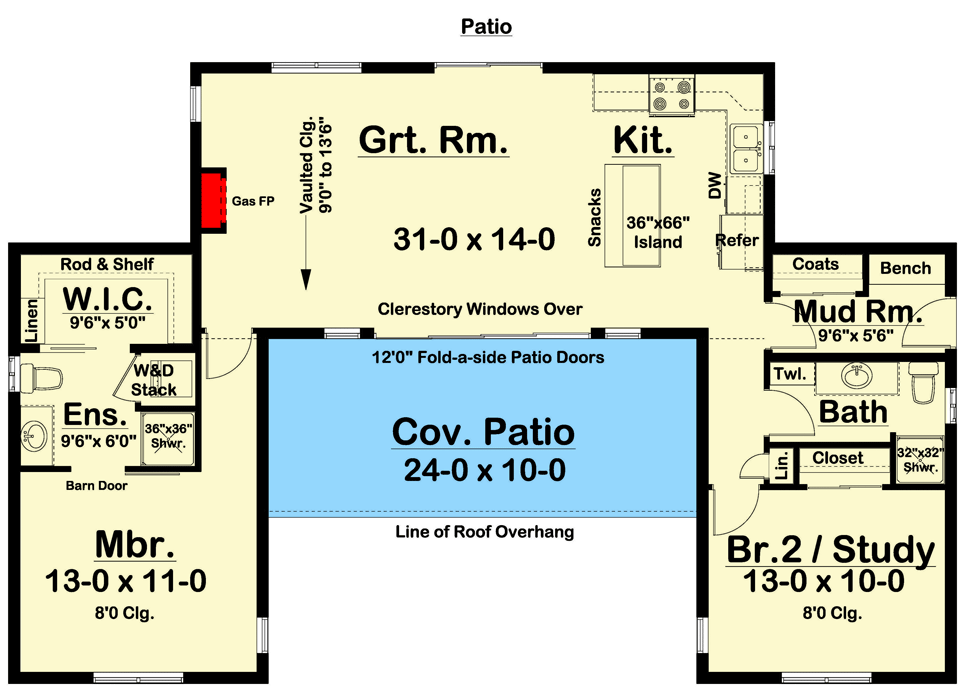 Plan 67769MG: Split Bedroom Modern House Plan Under 1200 Square Feet with Vaulted Ceiling - Floor Plan - Main Level - Contemporary, Mid Century Modern, Modern