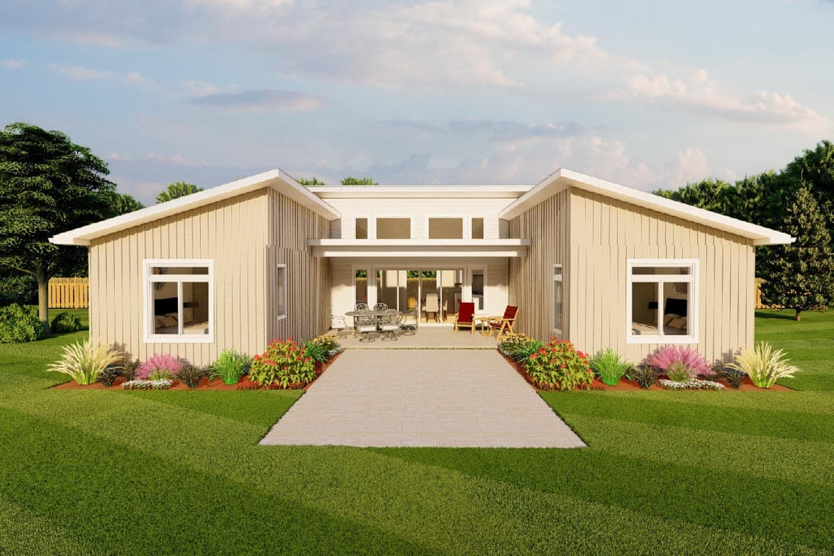 House plan exterior with two wings, flat rooflines, and large windows. The house features a covered patio with sliding glass doors.