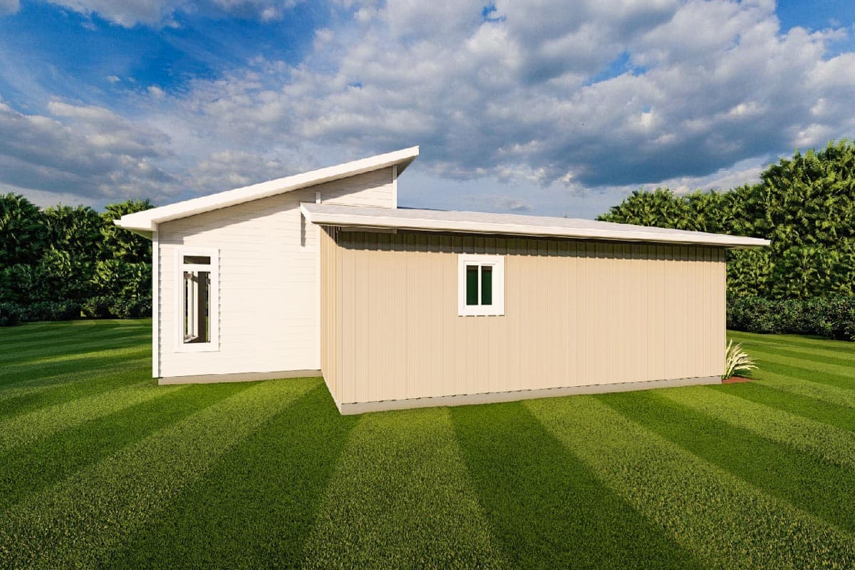 House plan exterior: Modern style, single-story building with intersecting shed rooflines and horizontal siding.