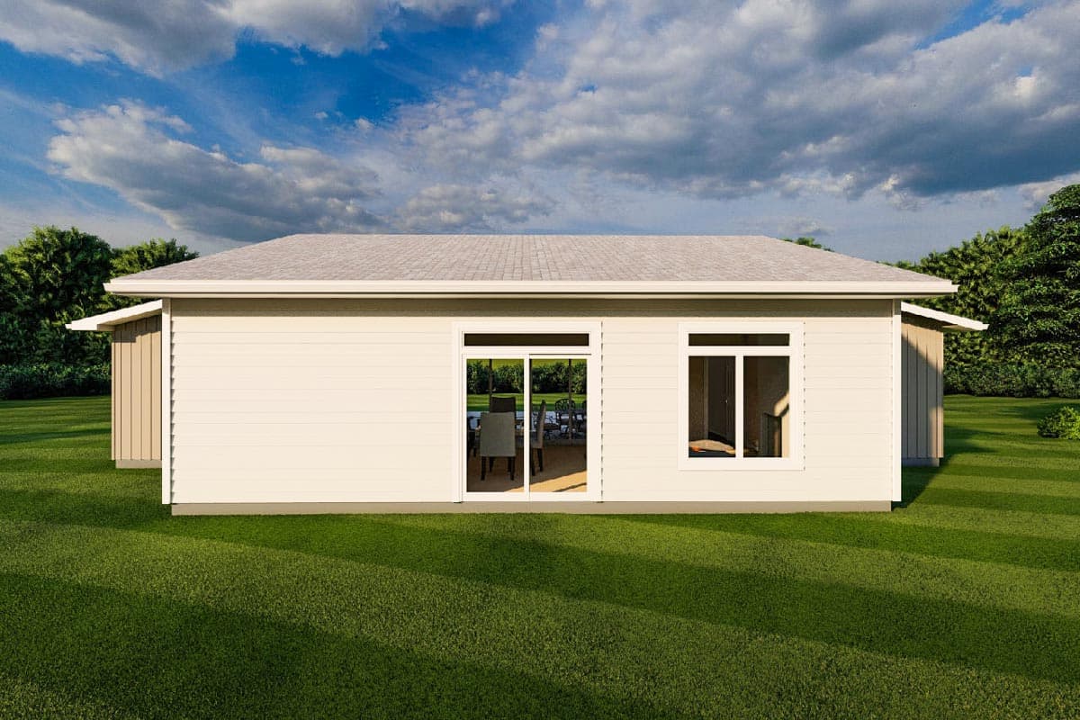 House plan exterior: one-story ranch with horizontal siding, a hip roof, sliding glass doors, and a rectangular window.