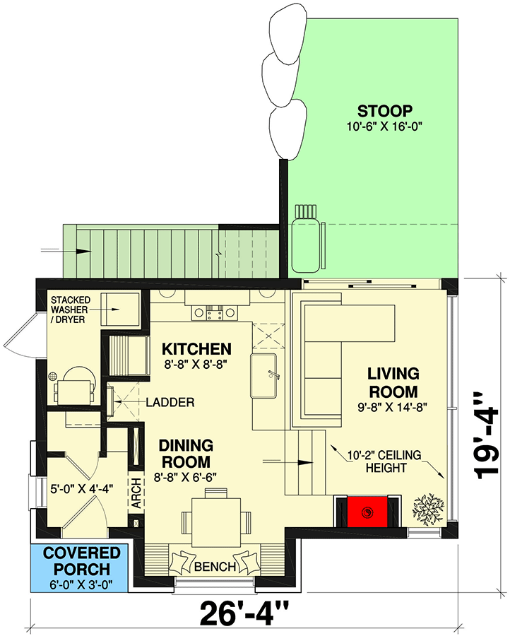 Plan 22656DR: Compact Contemporary Cottage with Upstairs Master Suite with Private Terrace and Bunk Room - Floor Plan - Main Level - Contemporary, Cottage, New American, Rustic, Vacation