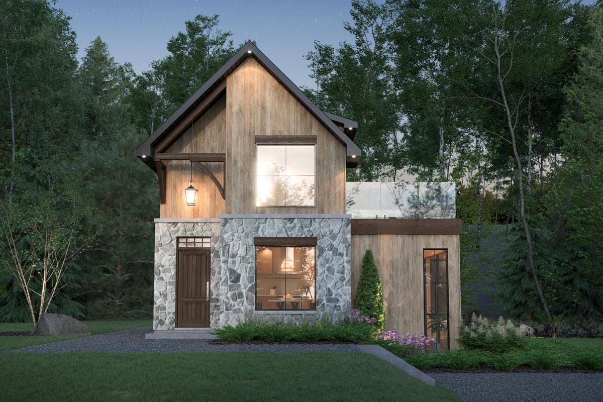 House plan exterior with two stories. Features include a gabled roof, stone facade, wood siding, a hanging lantern, and a glass-paneled balcony.