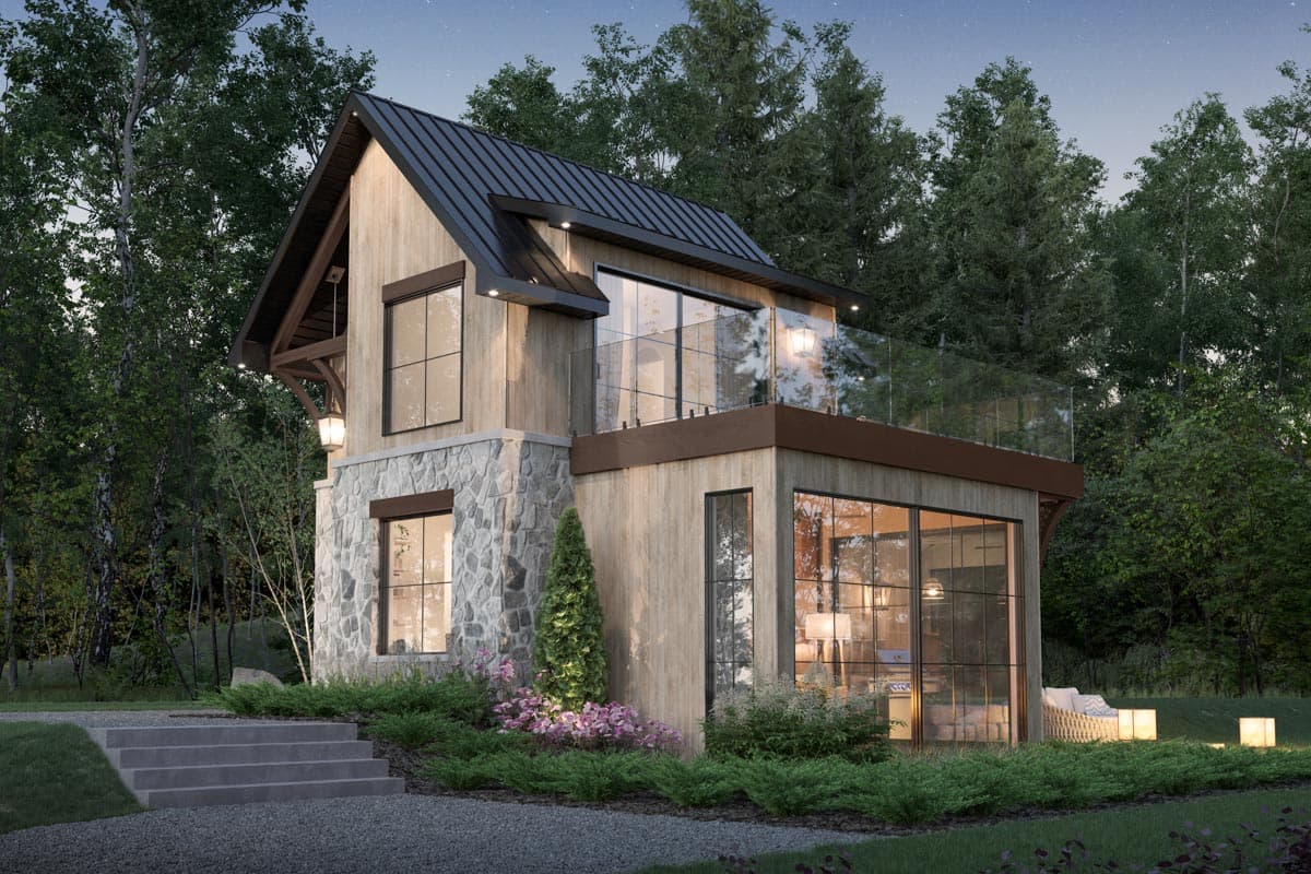Plan 22656DR: Compact Contemporary Cottage with Upstairs Master Suite with Private Terrace and Bunk Room - Image #5 - Contemporary, Cottage, New American, Rustic, Vacation