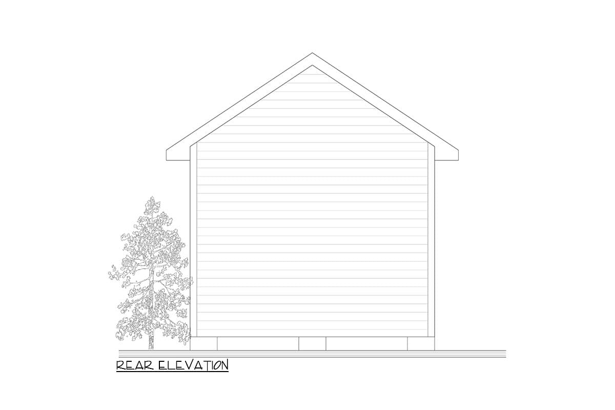 Rear elevation drawing of a house plan showing horizontal siding and a gabled roofline.