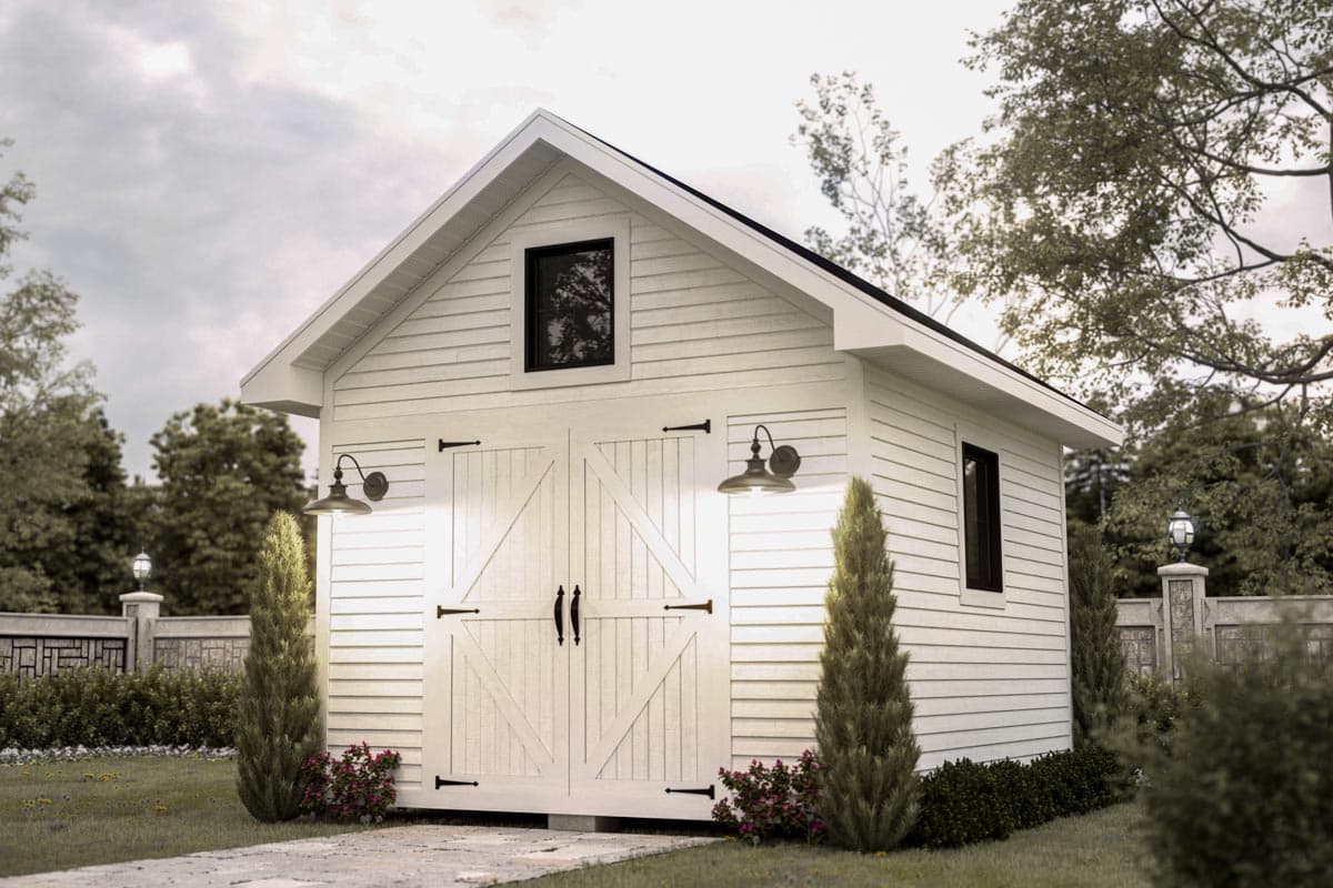 House plan exterior with two-story barn style design. Features include gable roof, double door entry, and two exterior wall-mounted lights.