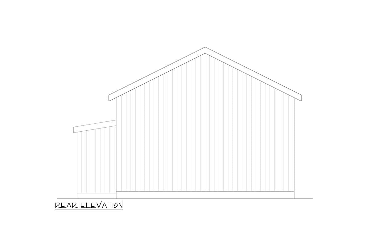 Rear elevation drawing of a house with vertical siding and a gabled roof, adjacent to a lower section.