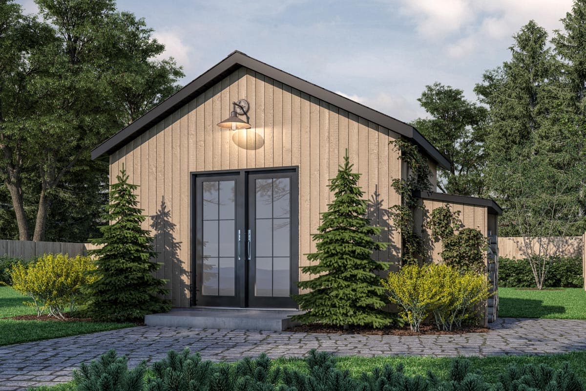 House plan exterior. One-story structure with a gable roof, wood siding, and French door entry. Features a vintage-style outdoor light fixture.