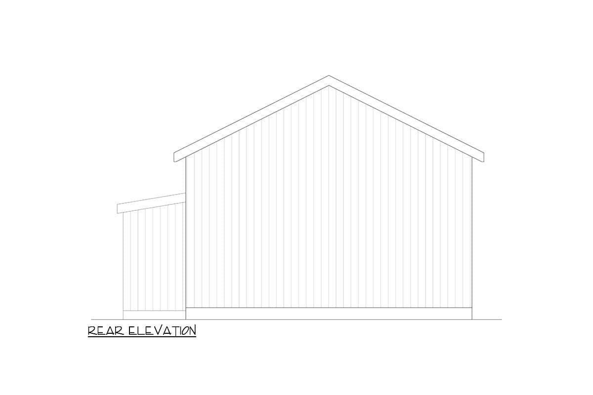 Rear elevation drawing of a house plan featuring vertical siding and a gable roof with an attached lower structure.