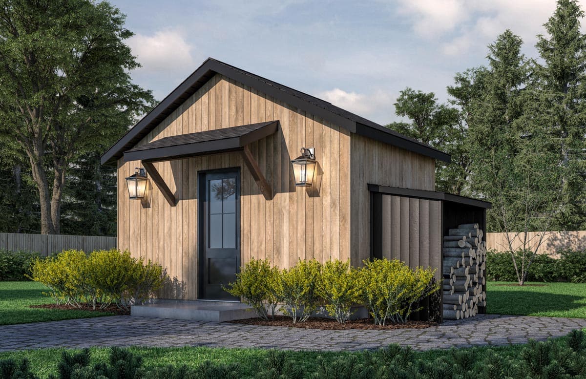 House plan exterior with wood siding, single-story, gable roof, and a covered entry. Includes an attached wood storage area.