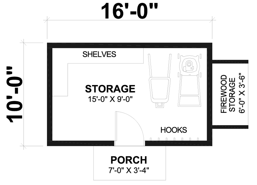 Plan 22659DR: 160 Square Foot Garden Shed with Outdoor Storage - Floor Plan - Main Level - Country, Mountain, New American, Rustic