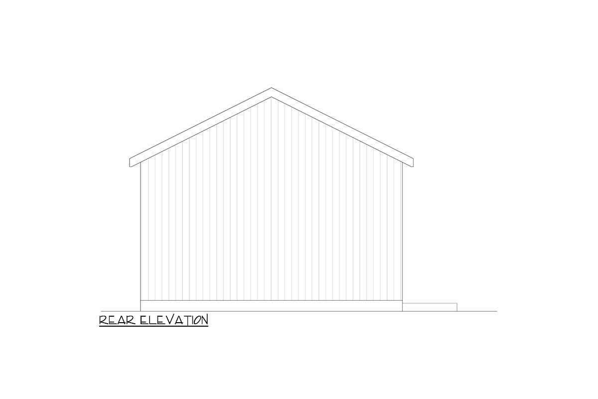 Rear elevation drawing of a house with vertical siding and a gabled roof.