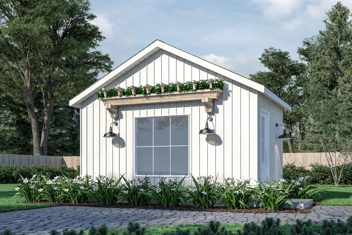 House plan exterior featuring a gabled roof, vertical siding, decorative pergola above window, and barn-style light fixtures.