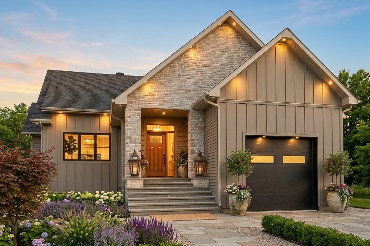 House plan exterior. Modern Farmhouse style with gabled roof, stone facade accent, and board and batten siding. Features include a front-entry garage.