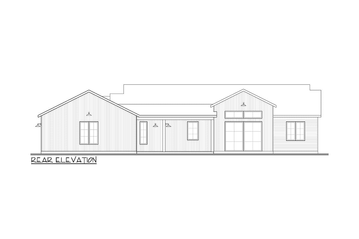 Line drawing of a modern house, rear elevation view. Features include a gabled roof, vertical siding, large windows, and a covered porch area.