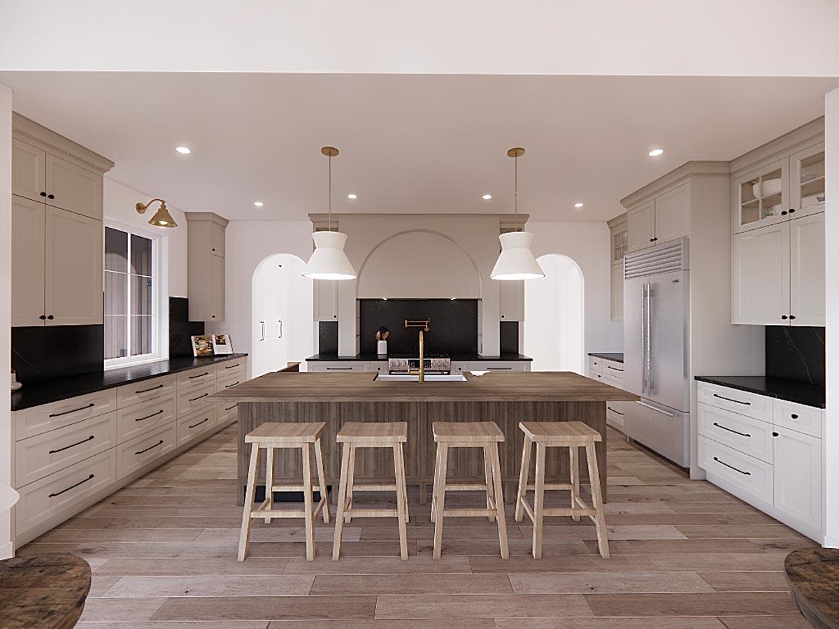 Spacious, modern kitchen with a large island and seating. Features light wood floors, white cabinetry with black countertops, and pendant lighting.