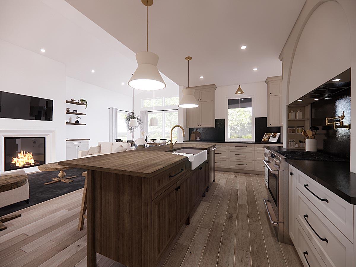 Spacious, modern kitchen with a large island, farmhouse sink, and open concept to a living area with fireplace and seating.