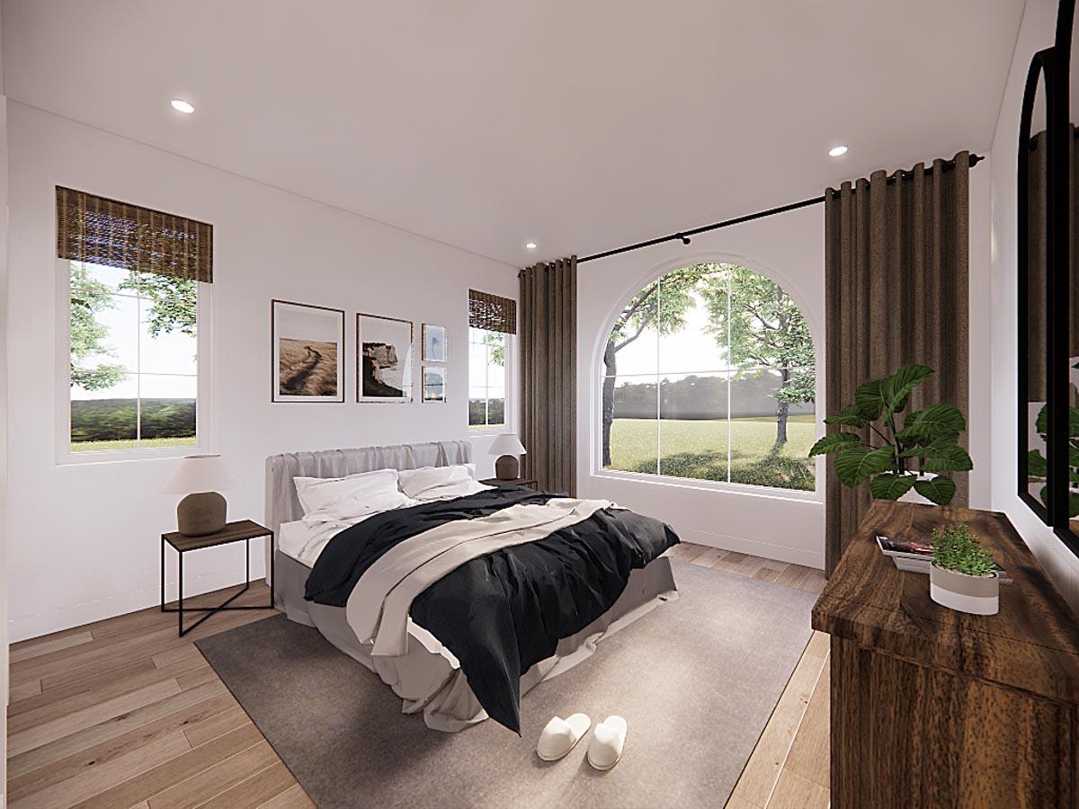 A modern bedroom with a large arched window overlooking a tree, dark curtains, a bed with a black comforter, and a wooden dresser.