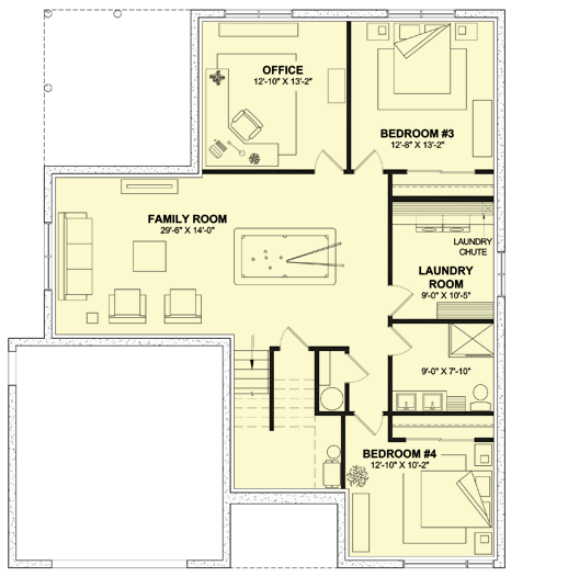 Plan 22667DR: Mid-Century Modern House Plan Under 3000 Sq Ft with Daylight Basement and Laundry Chute - Floor Plan - Lower Level - Contemporary, Mid Century Modern, Modern