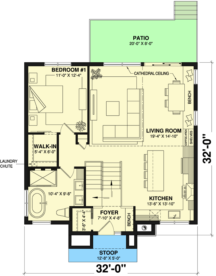 Plan 22668DR: 1970 Square Foot 3 Bedroom Cottage with Laundry Chute and a Finished Daylight Basement - Floor Plan - Main Level - Cottage, Country, Traditional