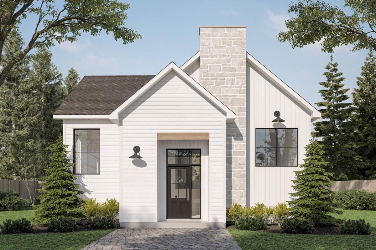 House plan exterior featuring a single-story Modern Farmhouse design. Includes a gable roof, board-and-batten siding, and a stone chimney.