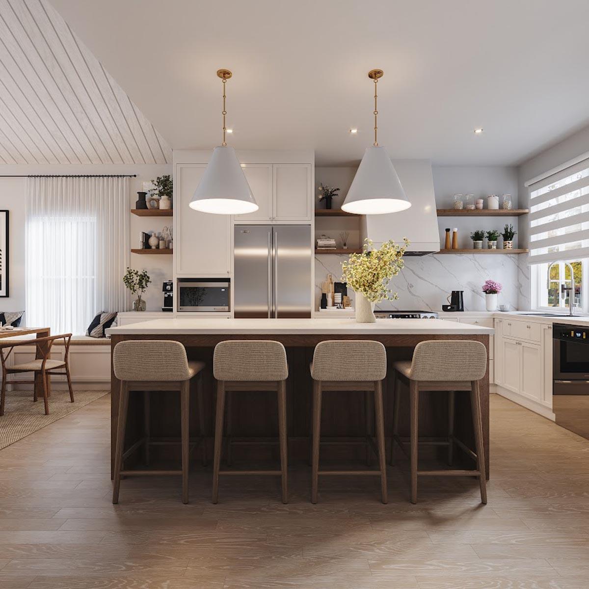 Kitchen interior with large island, stainless steel appliances, range hood, and vaulted shiplap ceiling.