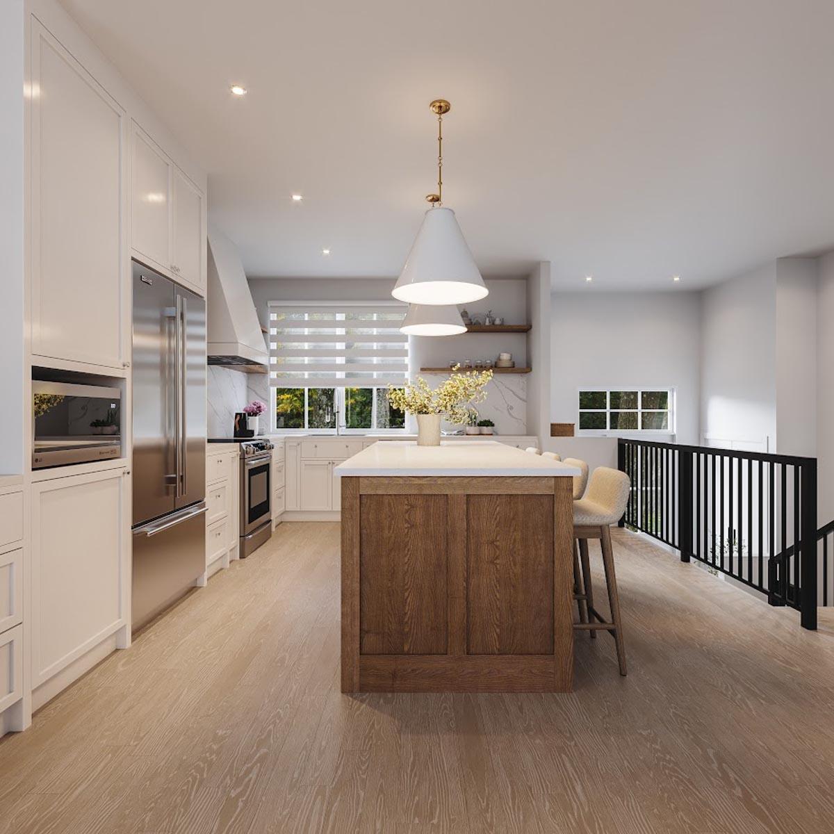 Modern kitchen with white cabinetry, stainless steel appliances, island with wood base, and view of stairs with black railing.