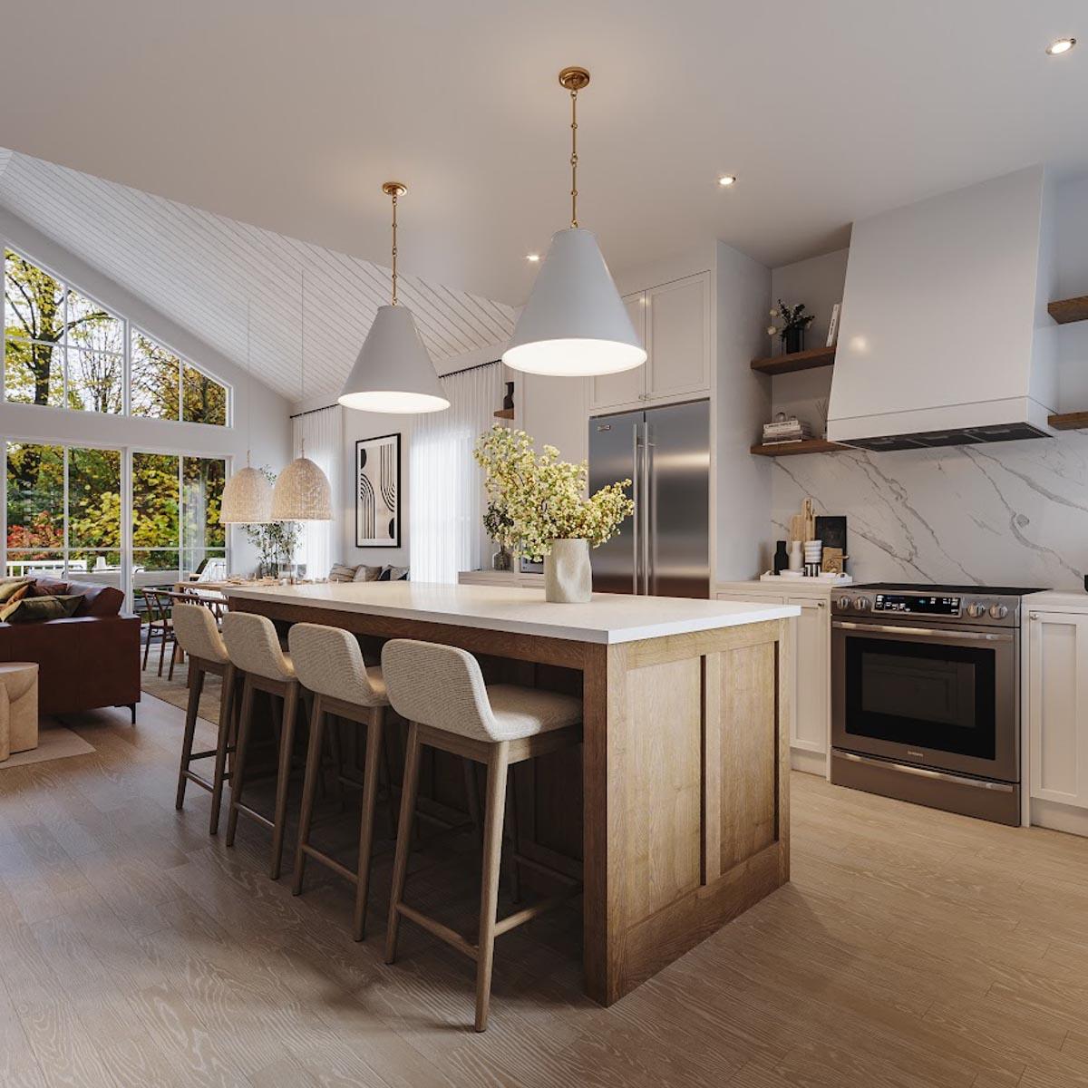 Kitchen with island seating, stainless steel appliances, range hood, and vaulted ceiling with large windows.