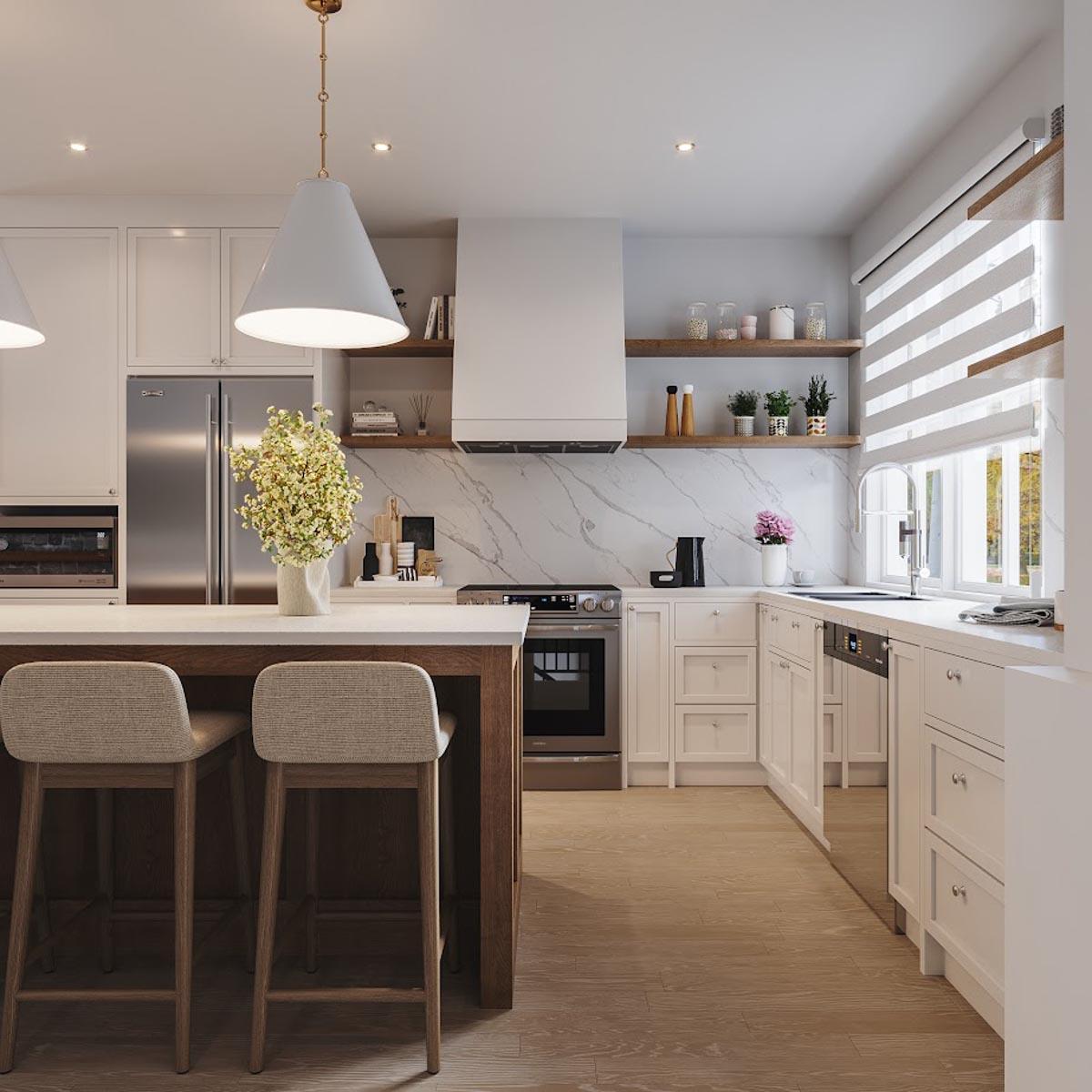 Contemporary kitchen with island, pendant lights, stainless steel appliances, marble backsplash, and white cabinetry.